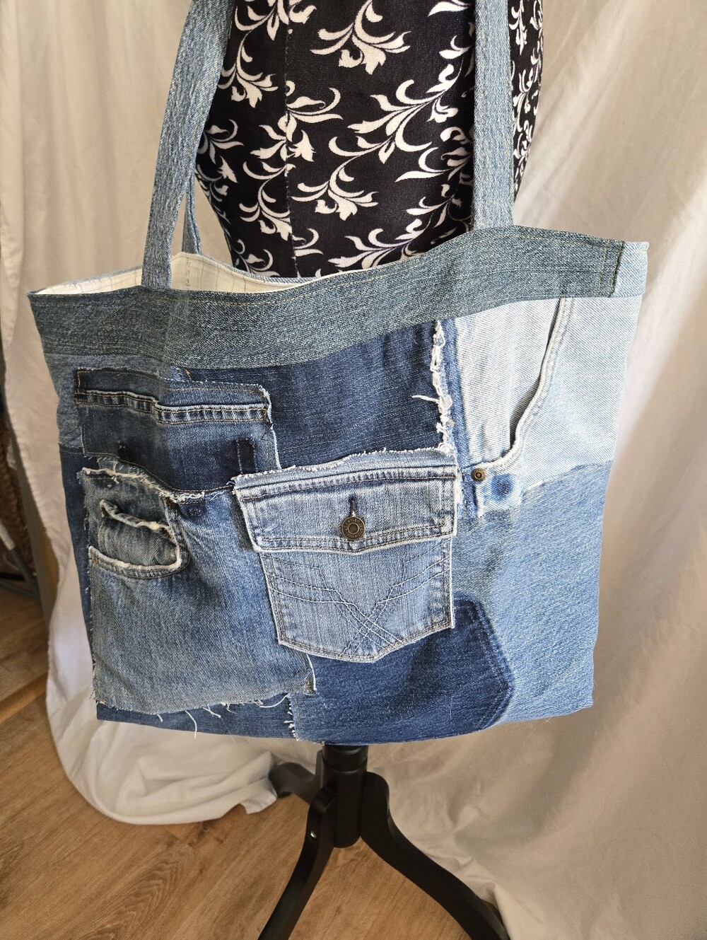 Upcycled Denim Patchwork Tote Bag - Blue - Picture 2 of 8